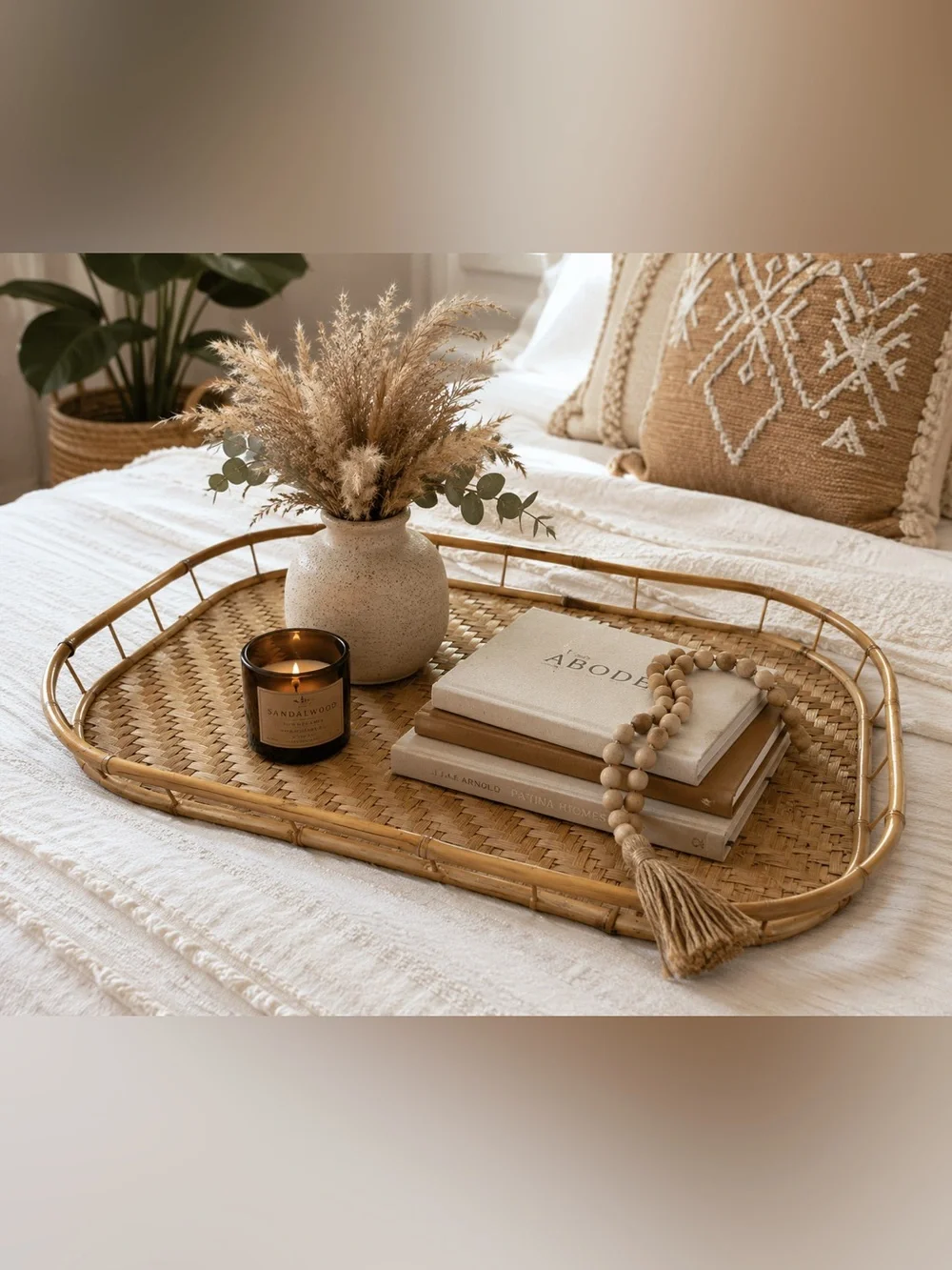Vintage Woven Rattan Bamboo Serving Tray Rectangular Boho Coastal Farmhouse Deco